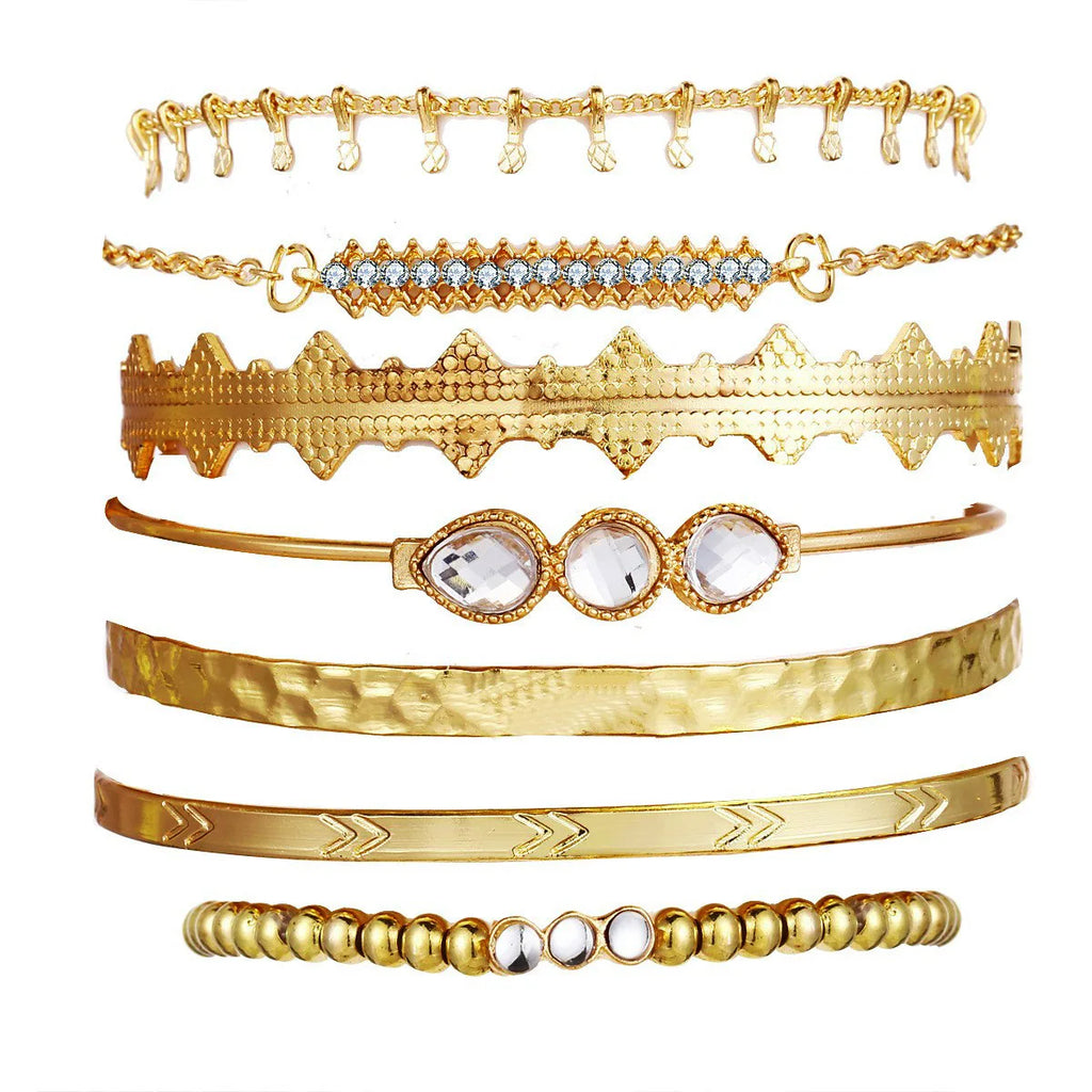 Bohemian Chain Bracelet Set, Gold Color, Thick Link Chain, Open Bangle Fashion Jewelry