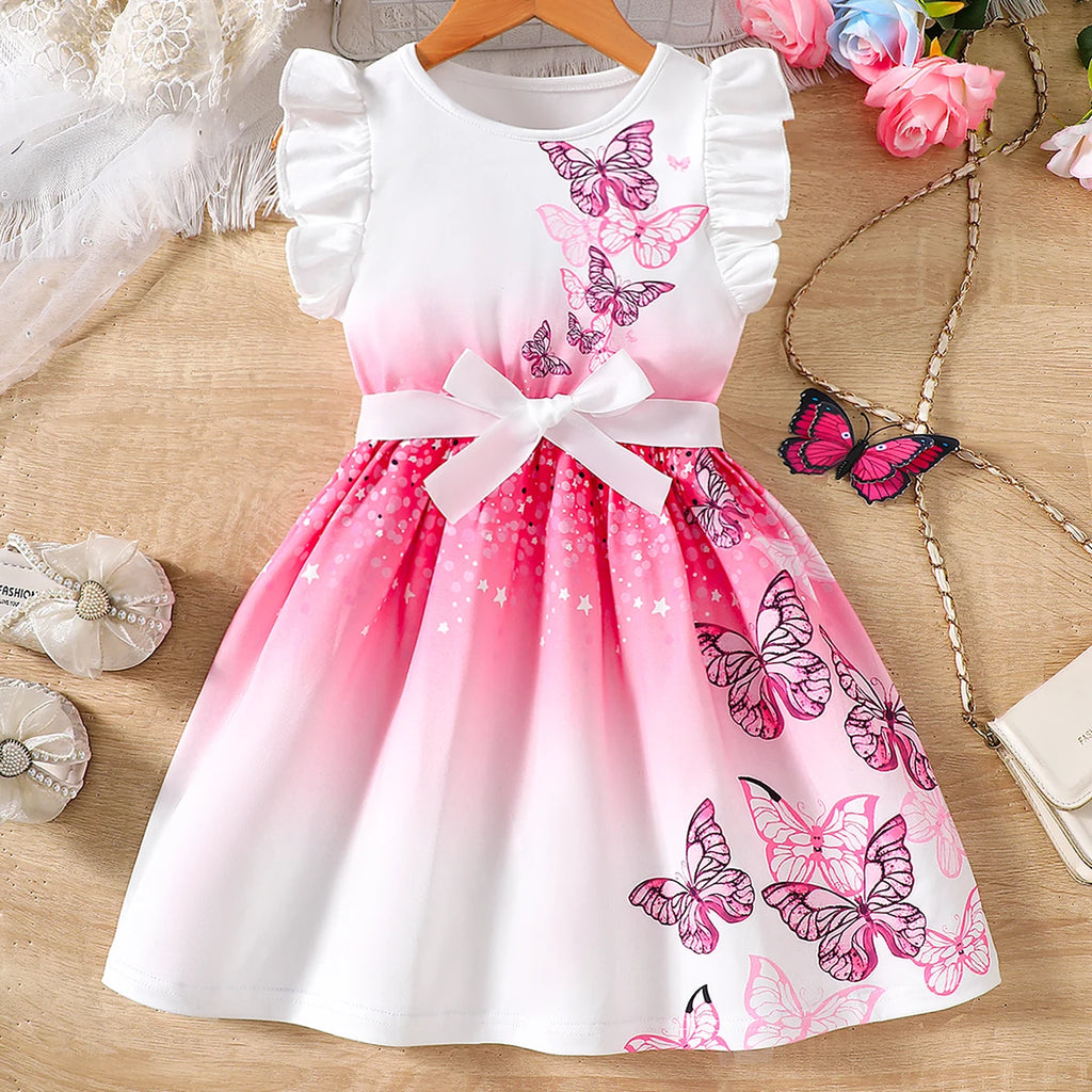 Girls' Beautiful Fashion Round Neck, Flutter Sleeve Dress with Butterfly Digital Print, in Pink and Blue