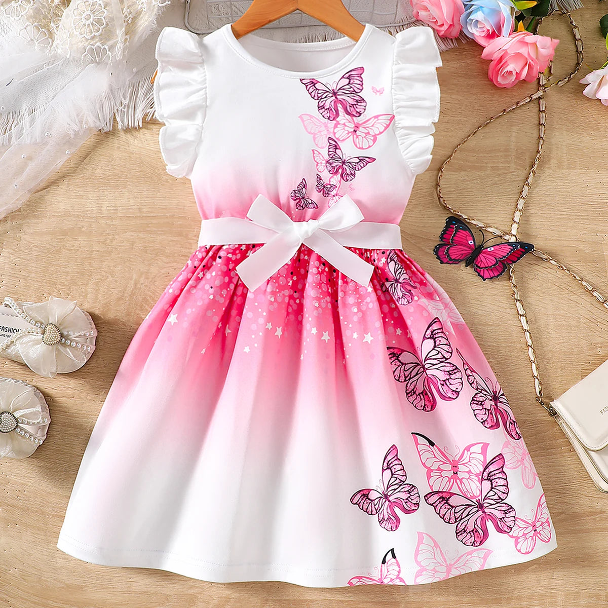 Girls' Beautiful Fashion Round Neck, Flutter Sleeve Dress with Butterfly Digital Print, in Pink and Blue