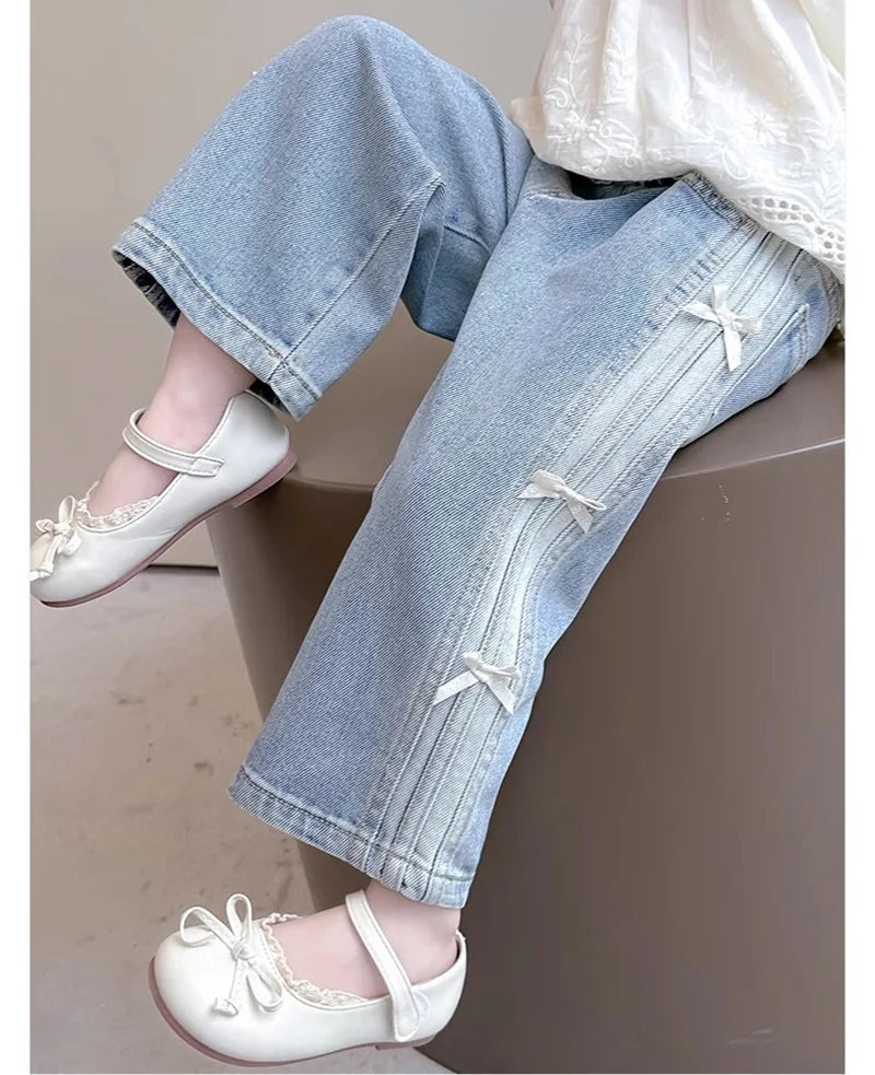 Girls New 2025 Bow Jeans, Wide-Leg, Loose long Pants