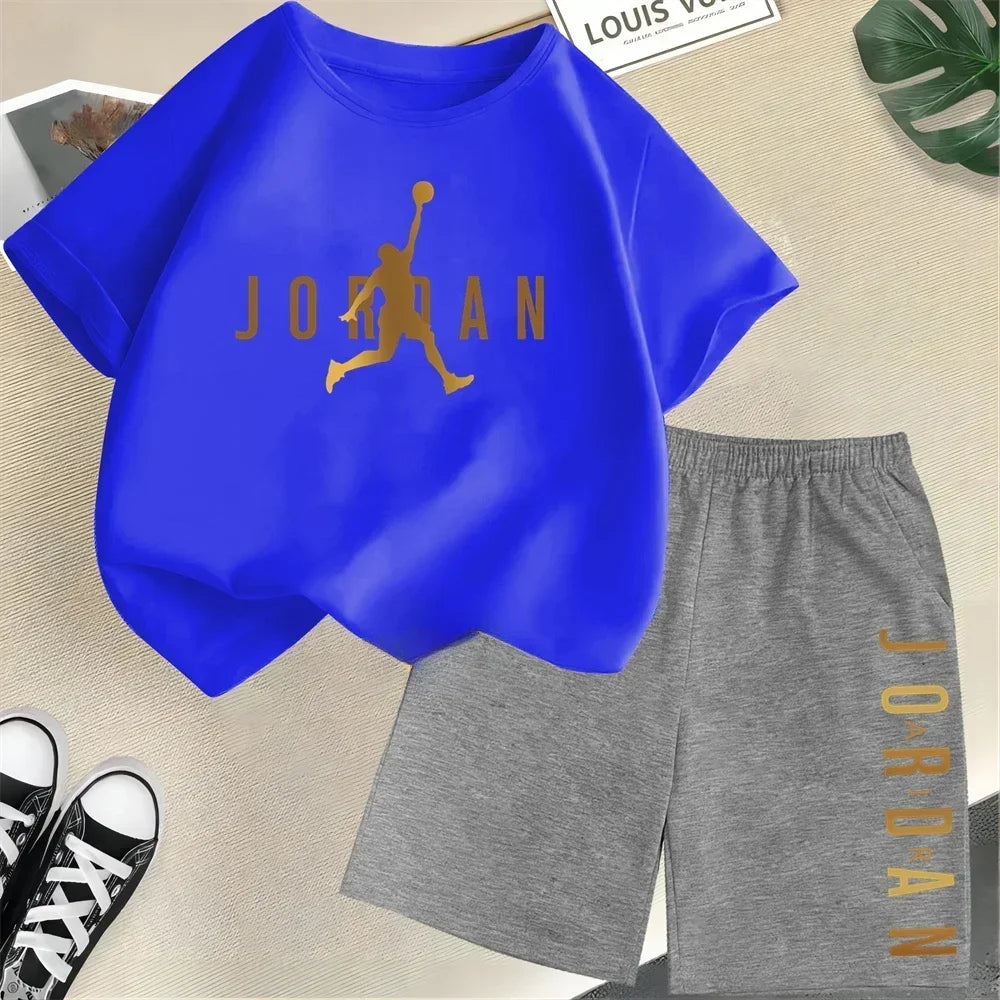 Children's 2Pc Fashion Summer Short Sleeve Set, Slam Dunk Master Pattern Print