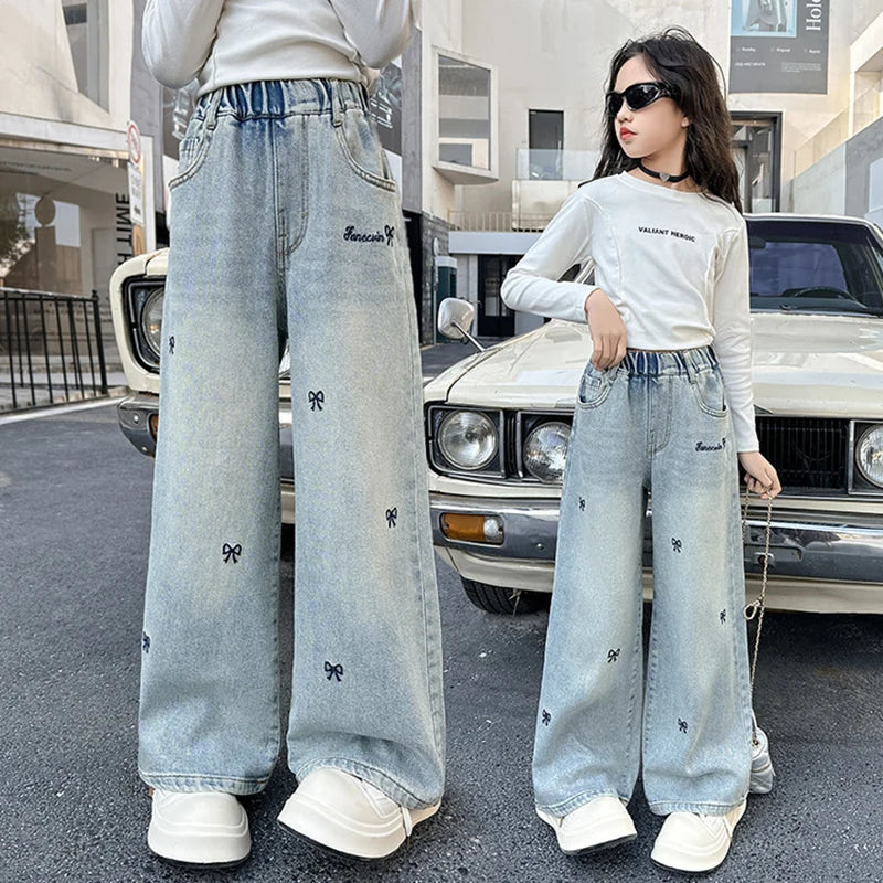 New Teenage Girls Jeans, Full Print Bow Embroidery, Hearts and Stars Fashion Wide-Leg Denim, Ages 7-14