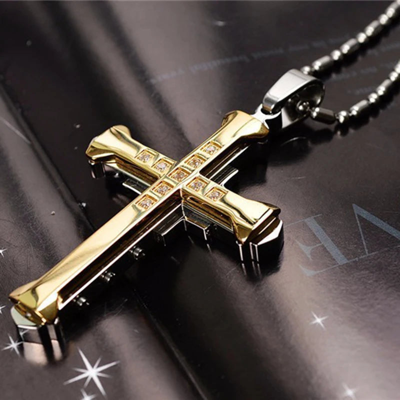 2025 Ins New Cross Pendant Necklace, Zircon Black Gold Color Stainless Steel Chain