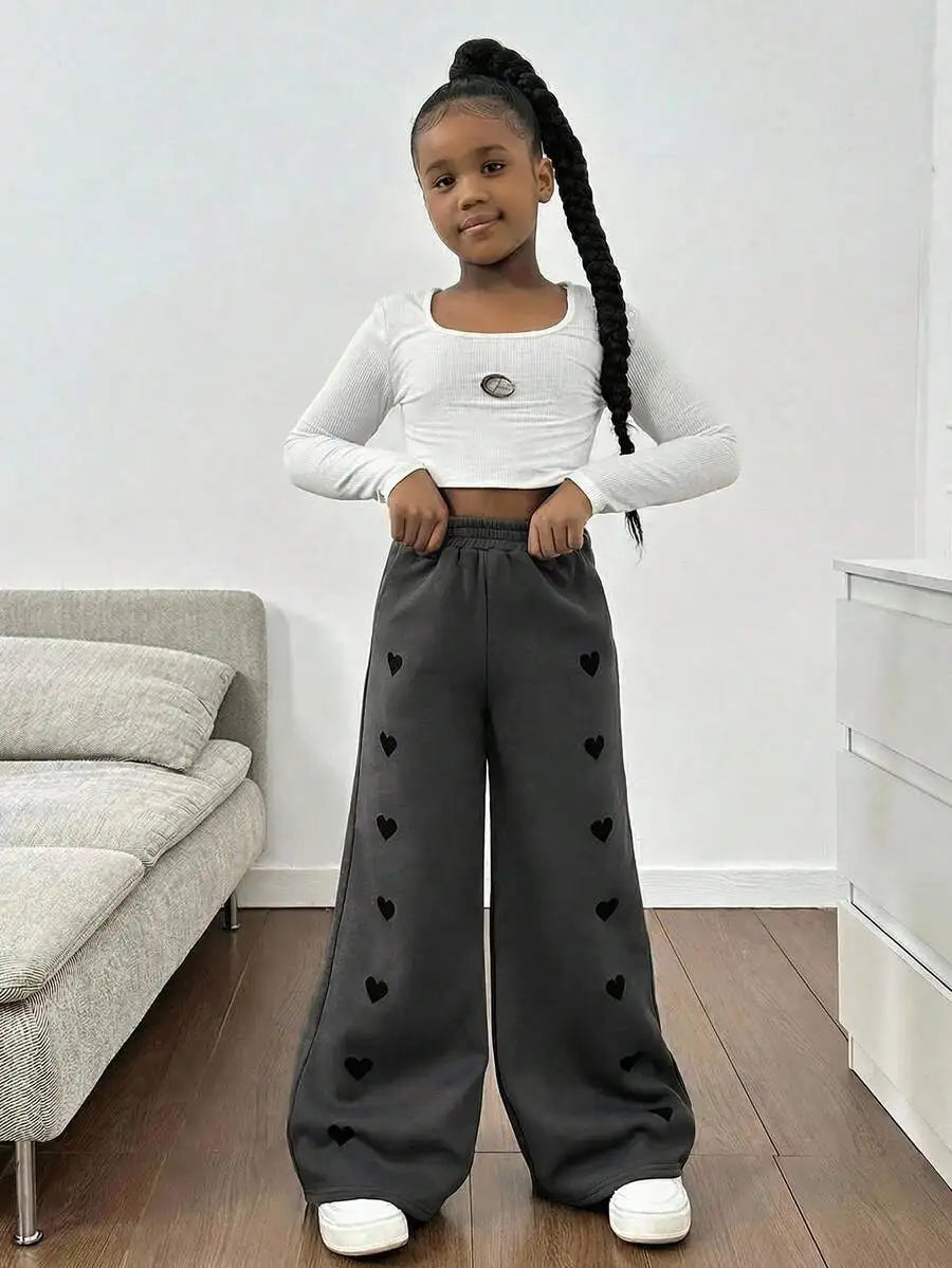 Gray Wide-Leg Sweatpants with Black Heart Print for Girls