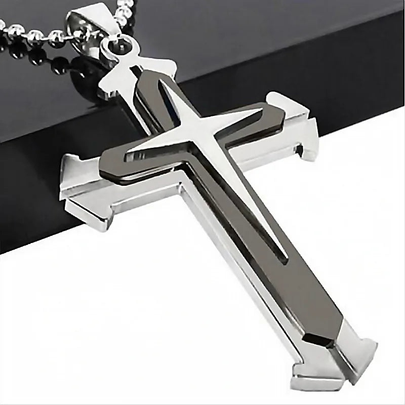 2025 Ins New Cross Pendant Necklace, Zircon Black Gold Color Stainless Steel Chain