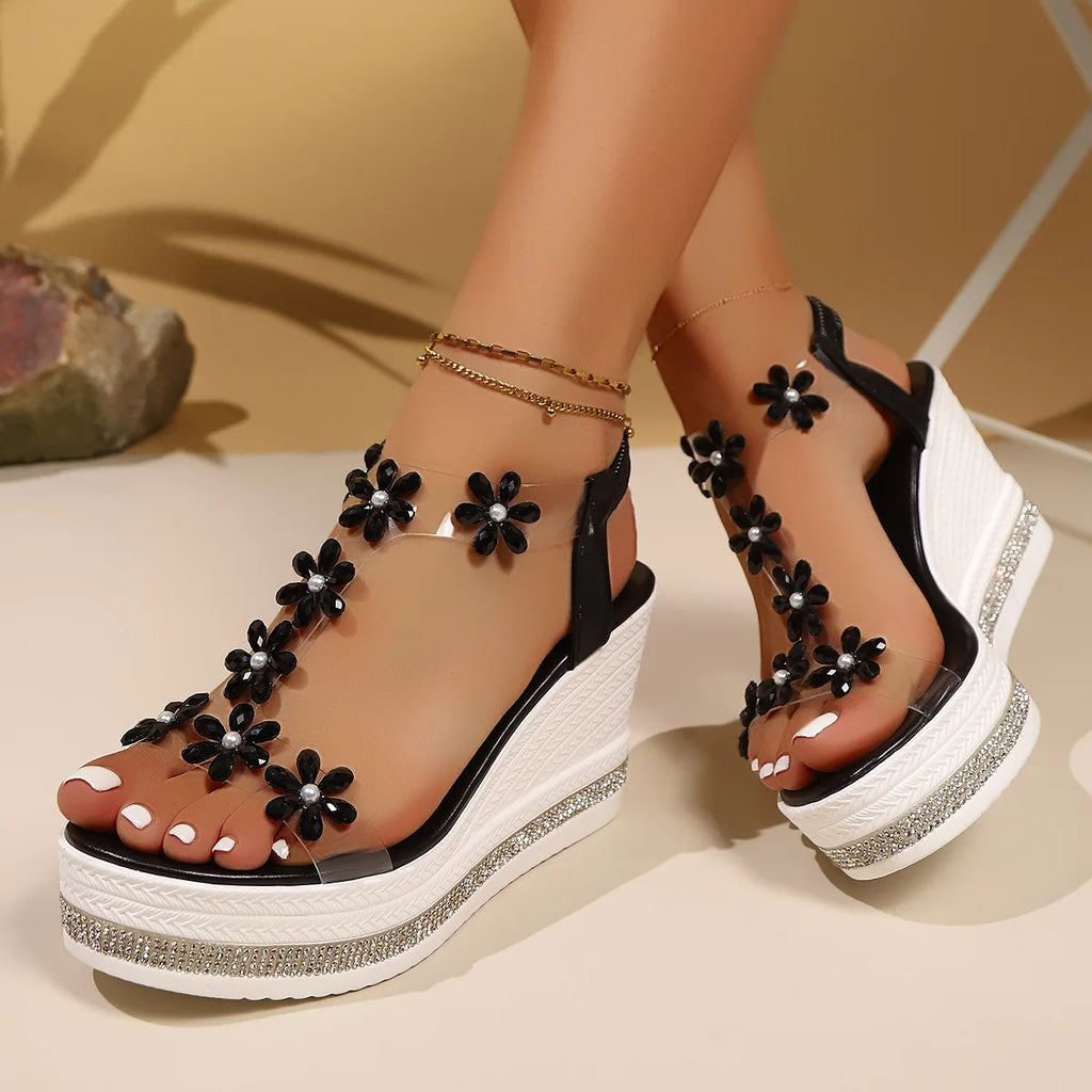 Women's Thick Heel Fashion Slope Sandals with Flower Rhinestones