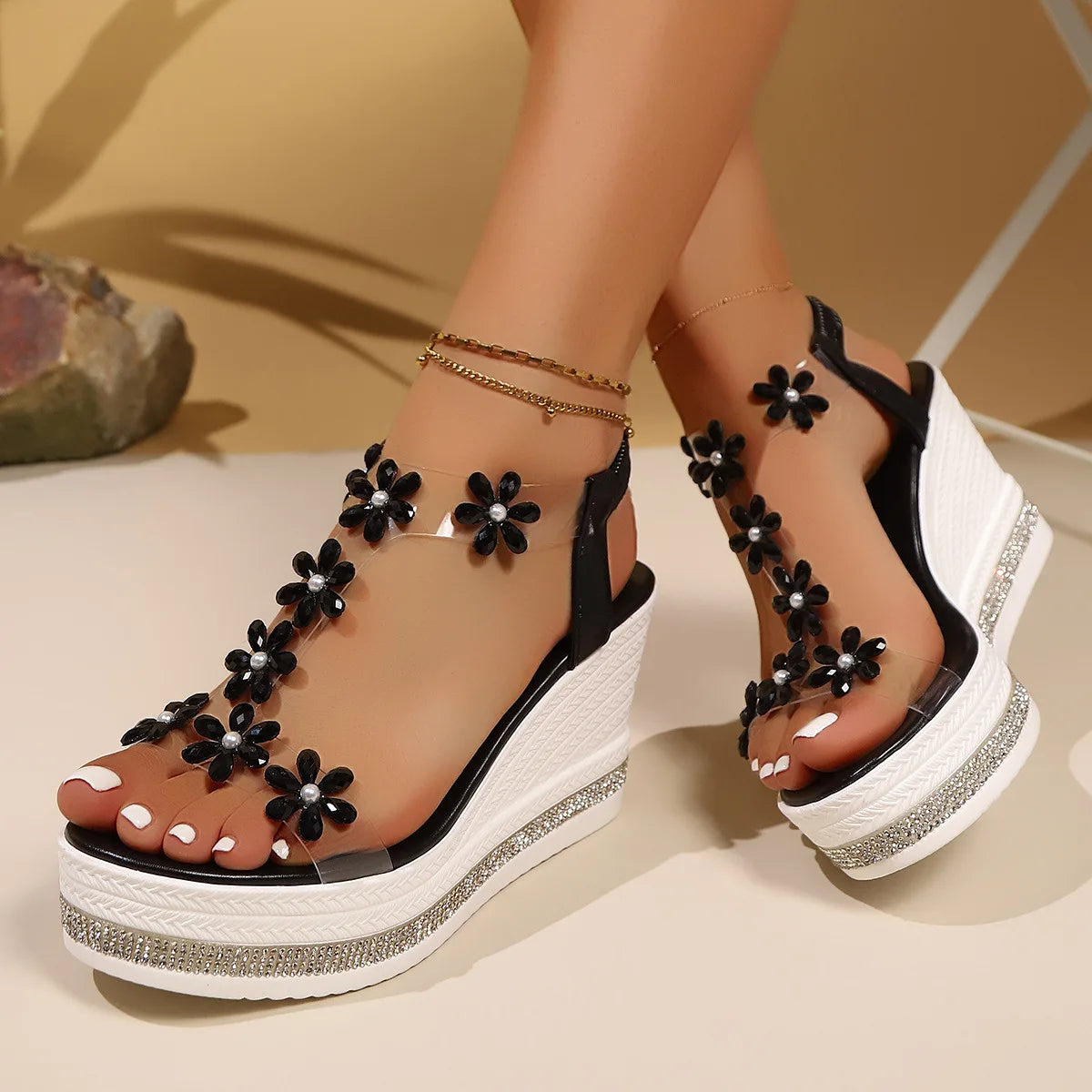 Women's Thick Heel Fashion Slope Sandals with Flower Rhinestones