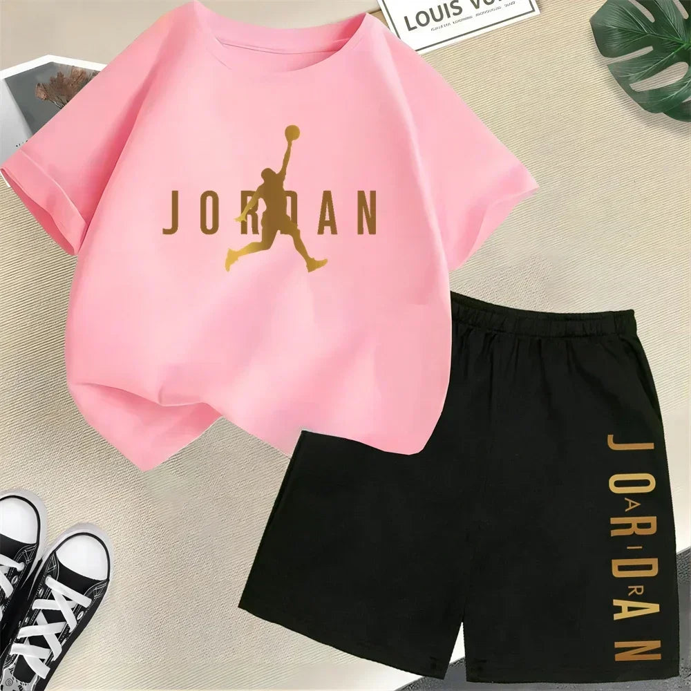 Children's 2Pc Fashion Summer Short Sleeve Set, Slam Dunk Master Pattern Print