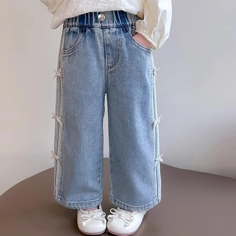 Girls New 2025 Bow Jeans, Wide-Leg, Loose long Pants