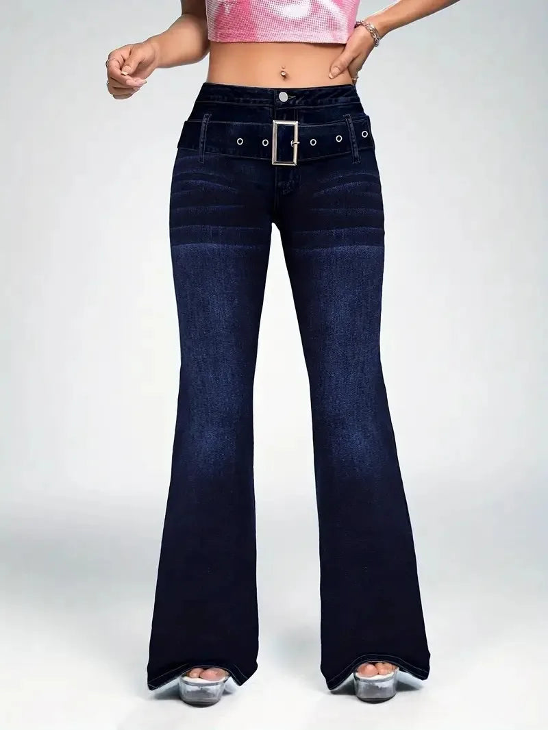 Women's Fashionable Dark Blue Wash Flared Jeans, with Decorative Strap Buckle, Stretch Slim Fit
