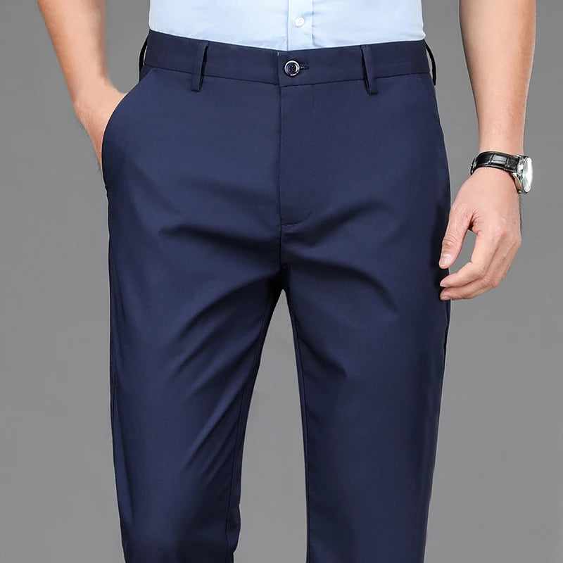 Male Stretch Solid Black Casual Trousers, in Various Colors