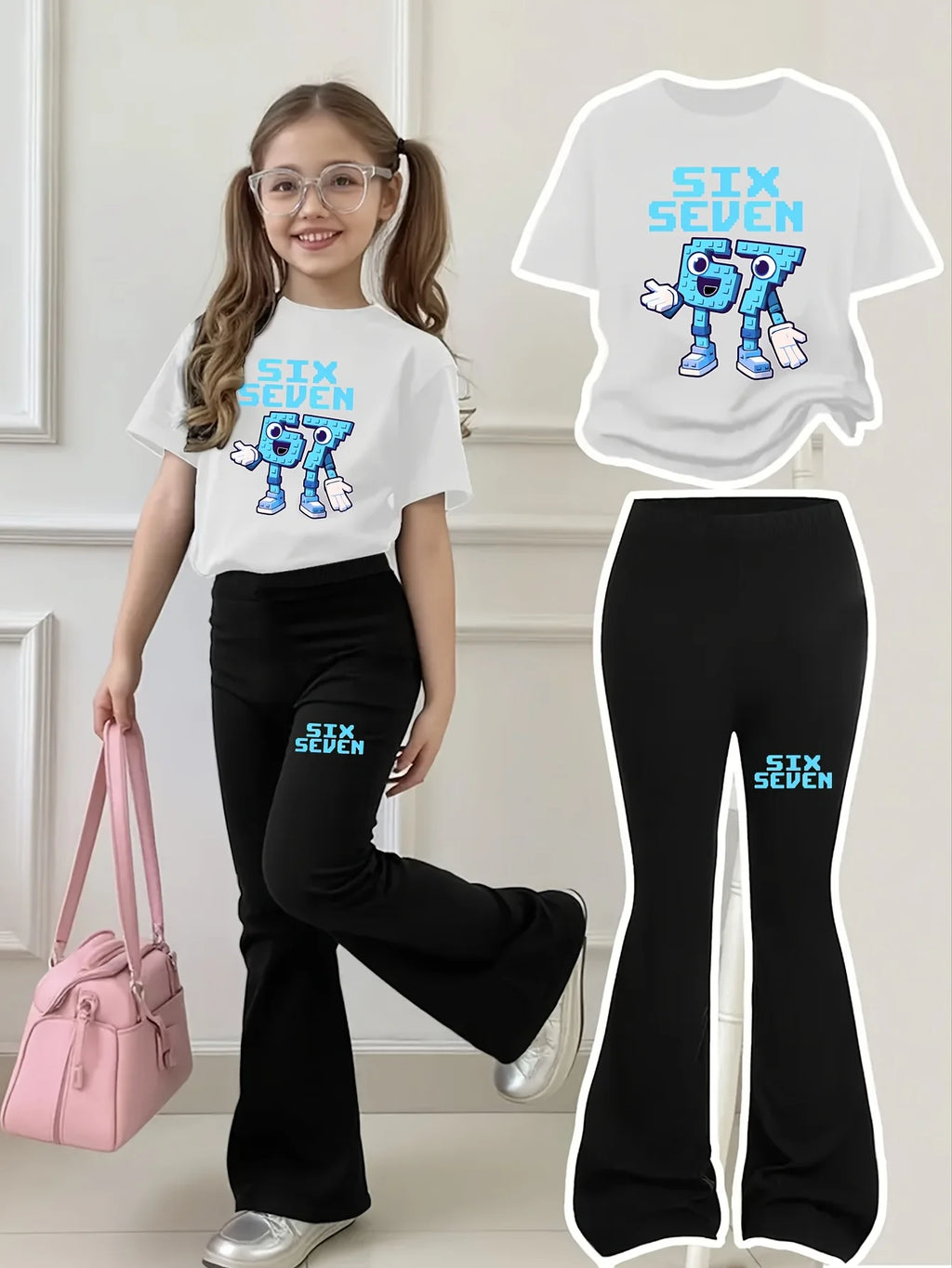 New 2026 Girls Short-Sleeve Top + Long Pants Set, "67" Blue Building Block Texture,