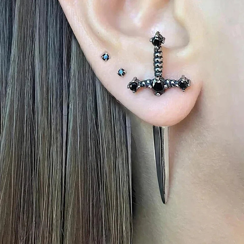 Hip Hop Cross Sword Stud Earrings, Classic Blask Crystal Stone Silver Ox Gold Black Color