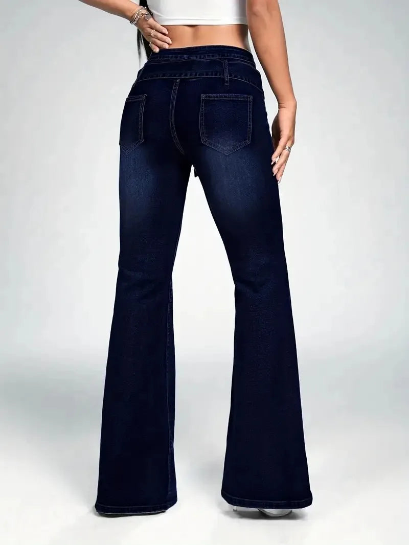 Women's Fashionable Dark Blue Wash Flared Jeans, with Decorative Strap Buckle, Stretch Slim Fit