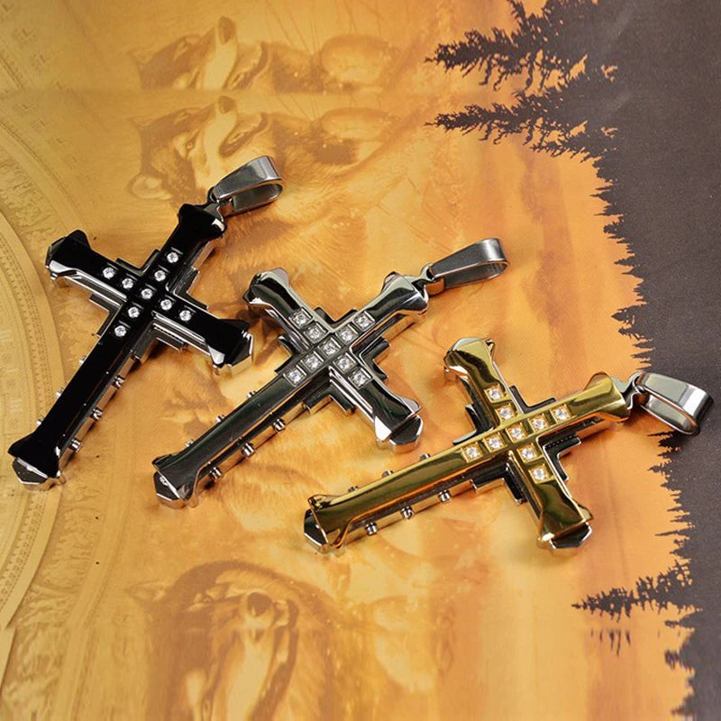 2025 Ins New Cross Pendant Necklace, Zircon Black Gold Color Stainless Steel Chain