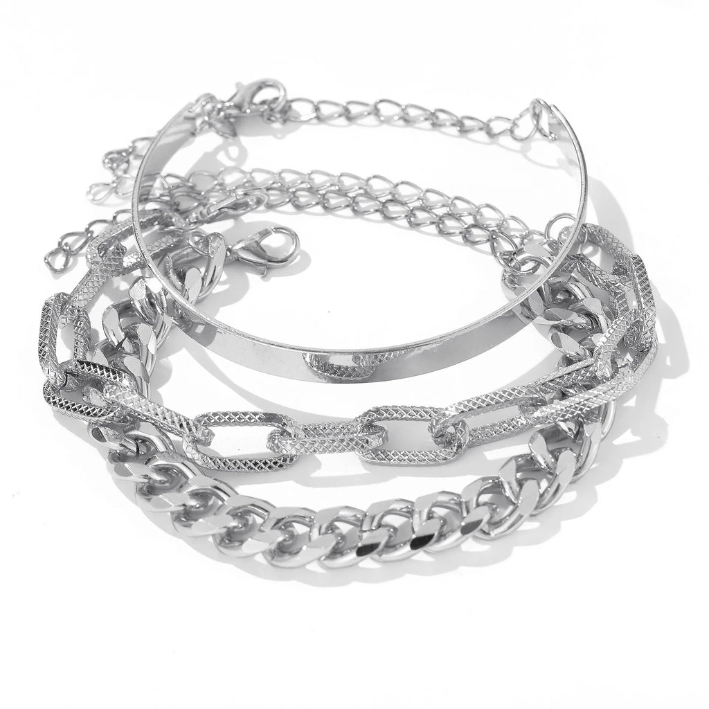 Bohemian Chain Bracelet Set, Gold Color, Thick Link Chain, Open Bangle Fashion Jewelry