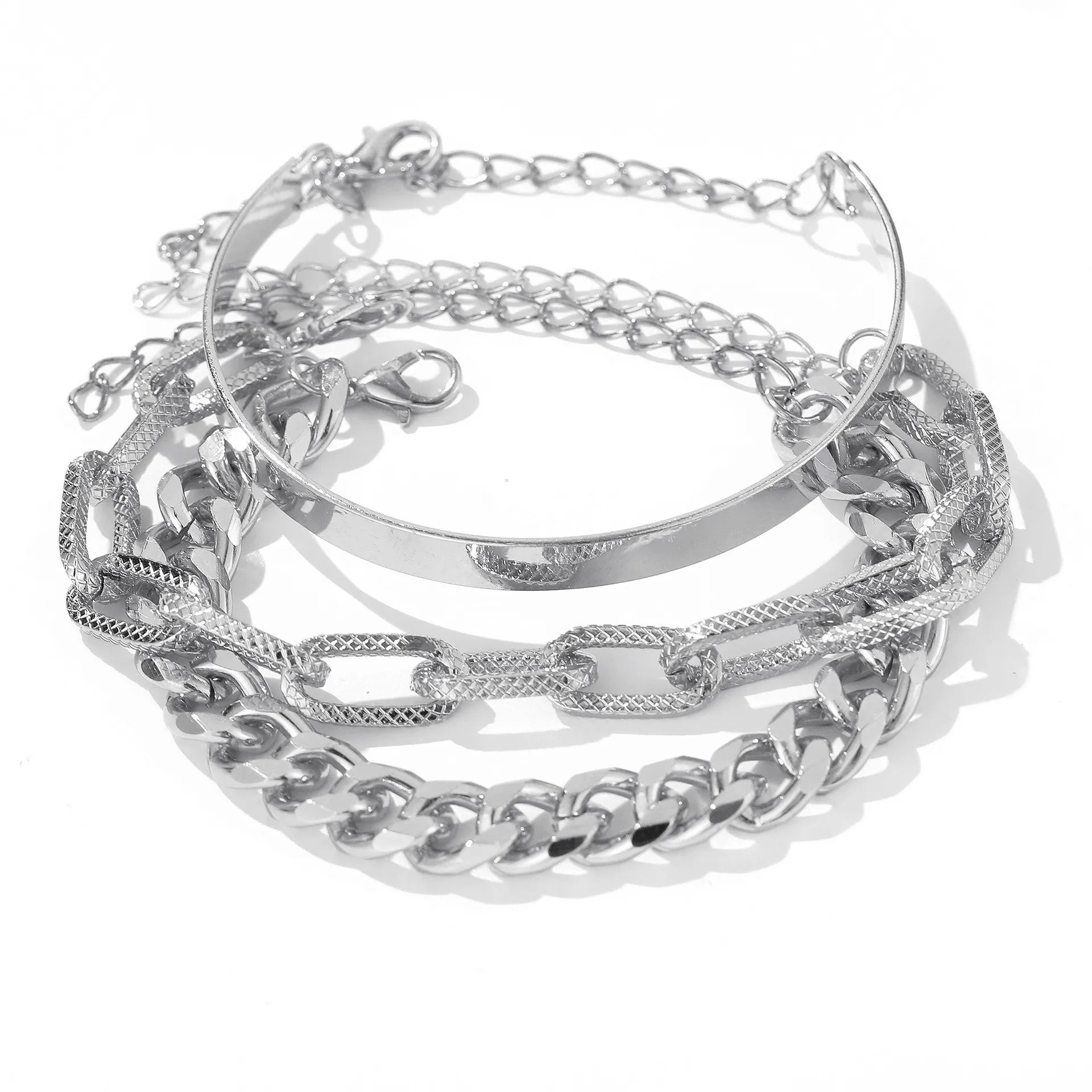 Bohemian Chain Bracelet Set, Gold Color, Thick Link Chain, Open Bangle Fashion Jewelry