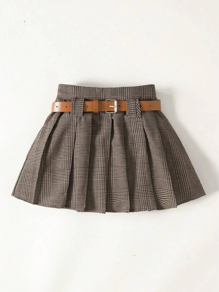 Girls Plaid Pleated Mini Skirt with Belt - Classic Checkered Design