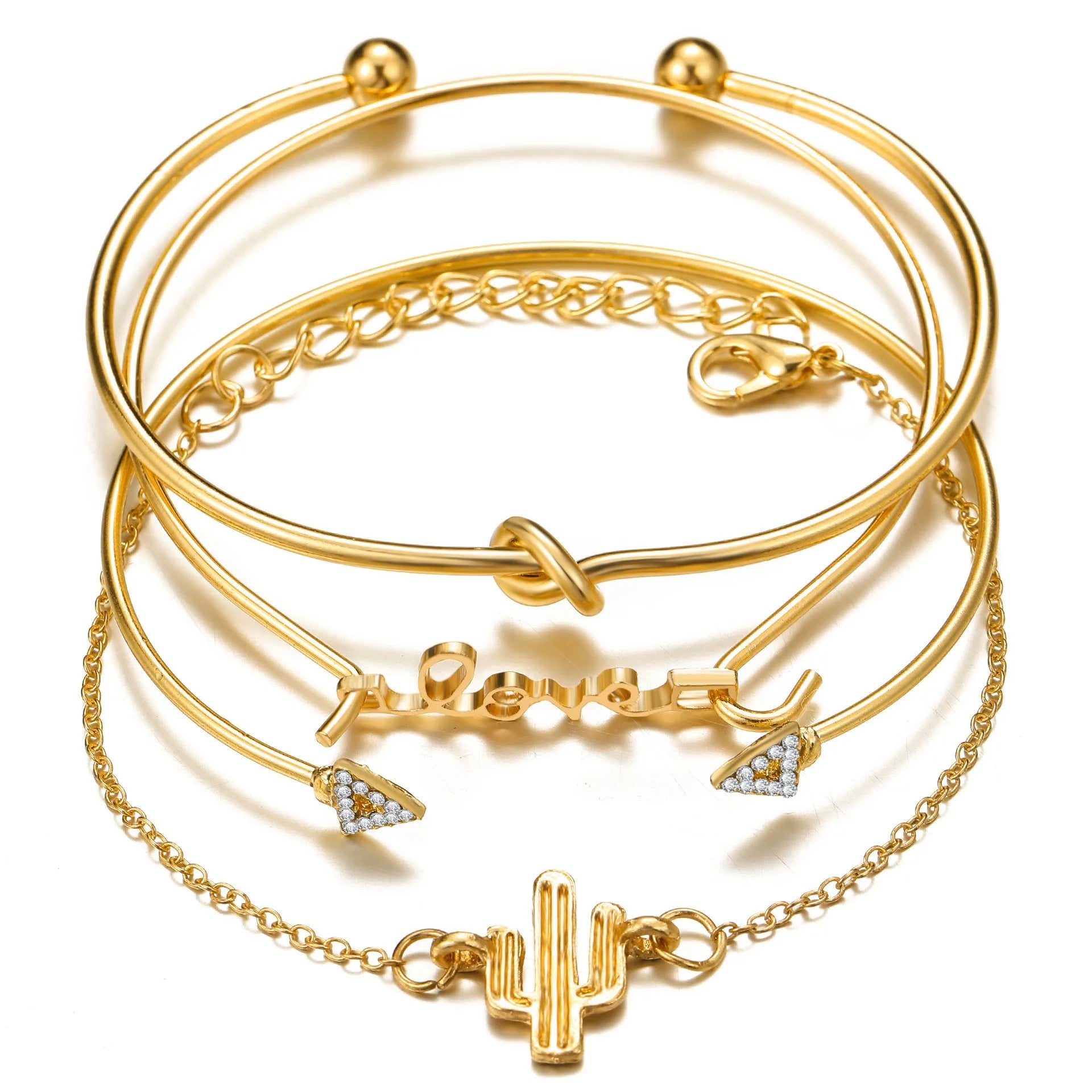 Bohemian Chain Bracelet Set, Gold Color, Thick Link Chain, Open Bangle Fashion Jewelry