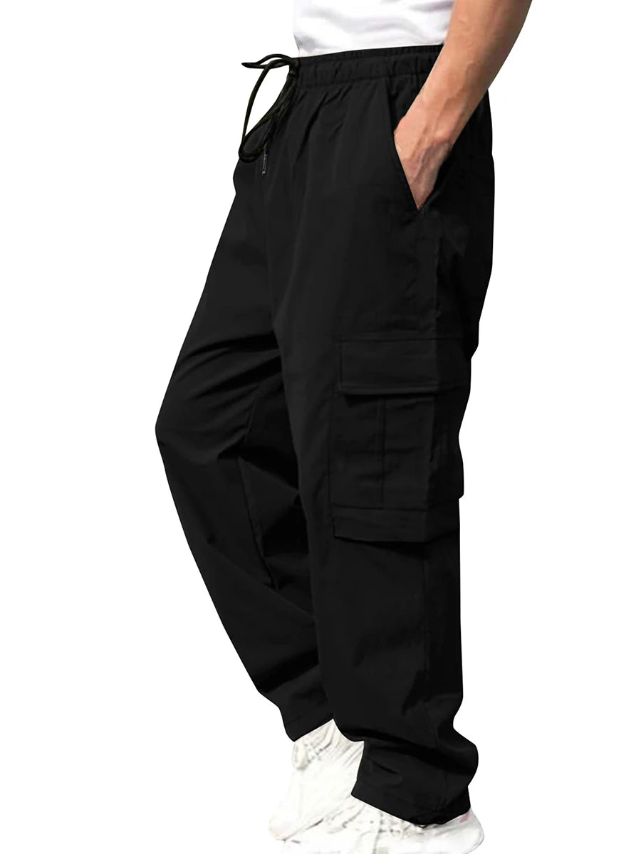 Men s Loose Cargo Long Pants Solid Color Drawstring Waist Straight Leg with Pockets