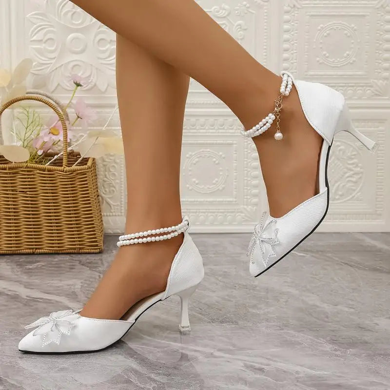 Elegant Pearl Chain Ankle Strap Pumps, Pointed Toe High Heel