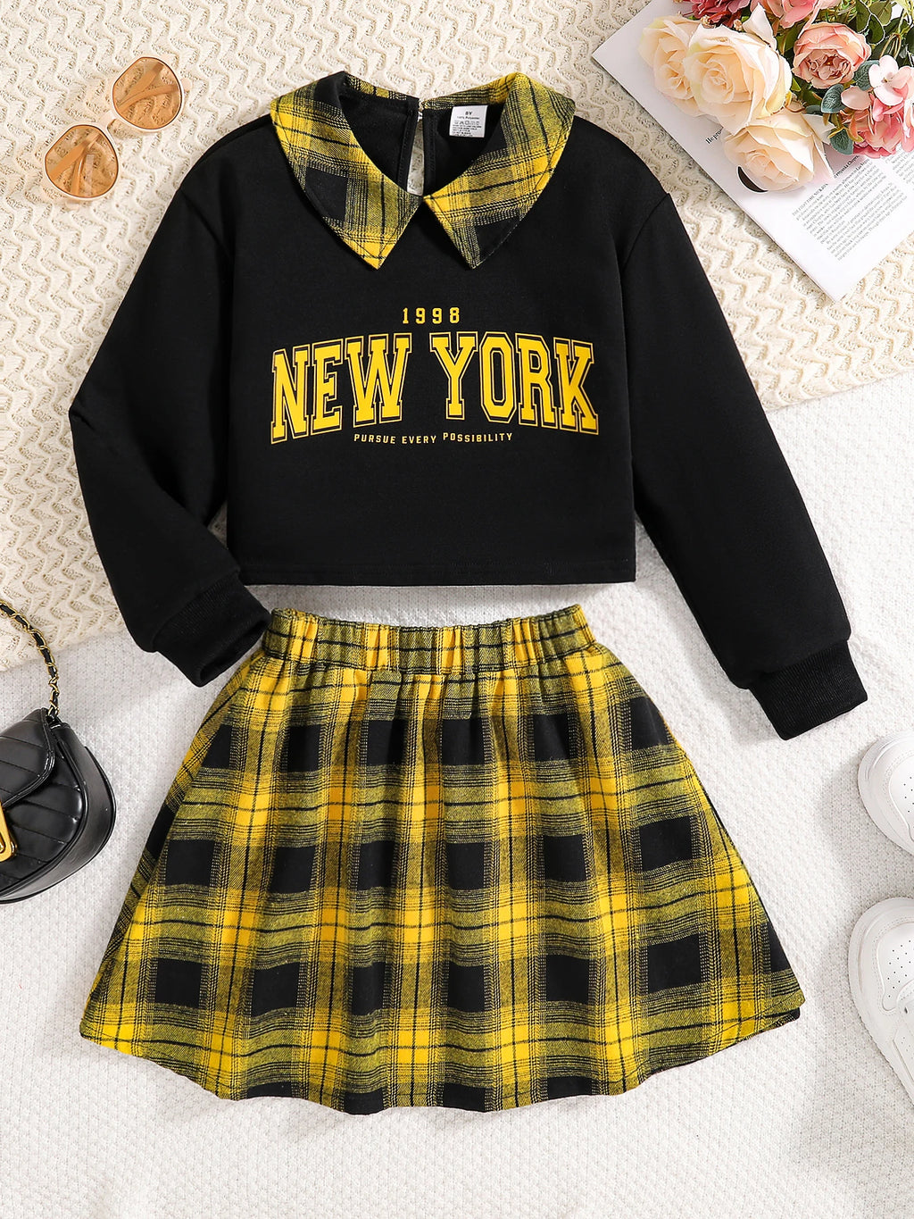 Girls New Fashion 2-Piece Set, Long-Sleeved Letter Print Shirt, Plaid Skirt