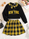 Girls New Fashion 2-Piece Set, Long-Sleeved Letter Print Shirt, Plaid Skirt