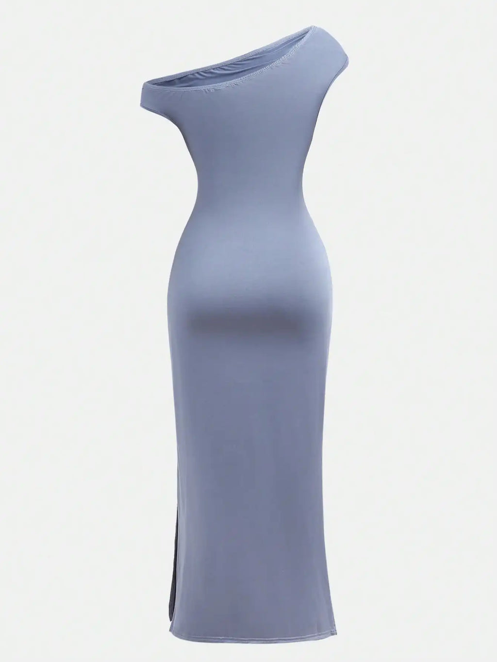 Girls Asymmetrical Neck, Ruched Waist, Tightfitting Maxi Knit Dress in Dusty Blue