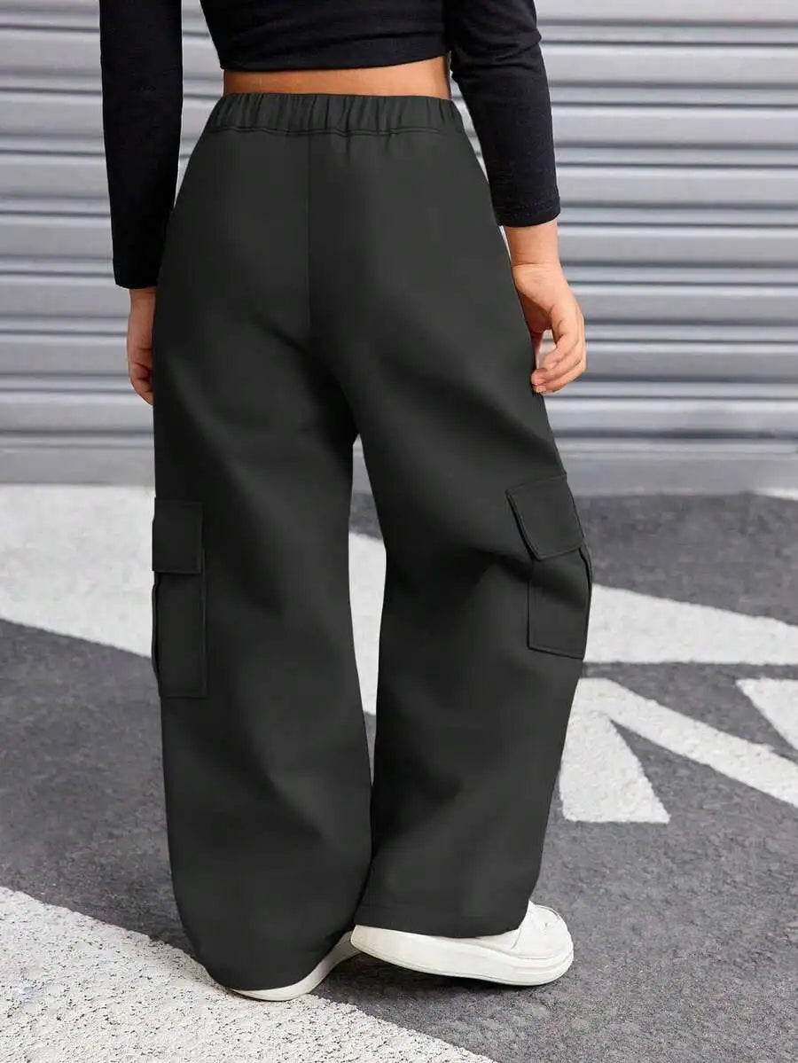 Loose Fit Cargo, Streetwear Style Wide Leg Trousers in Khaki & Black