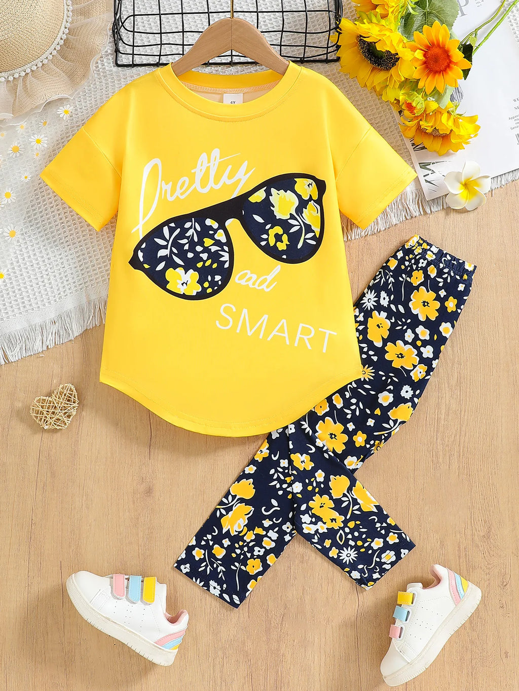 Girls 2pc Clothing Set Cotton Short Sleeve Top & Pants, 4-7yrs