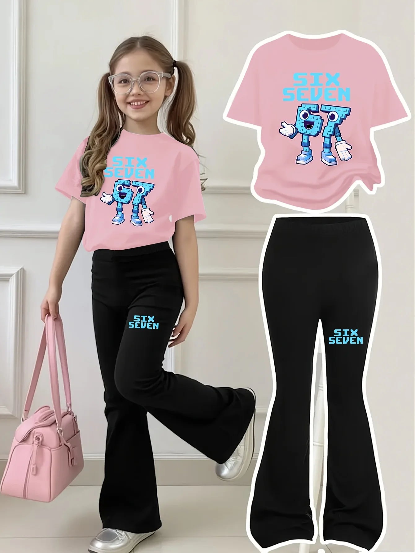 New 2026 Girls Short-Sleeve Top + Long Pants Set, "67" Blue Building Block Texture,