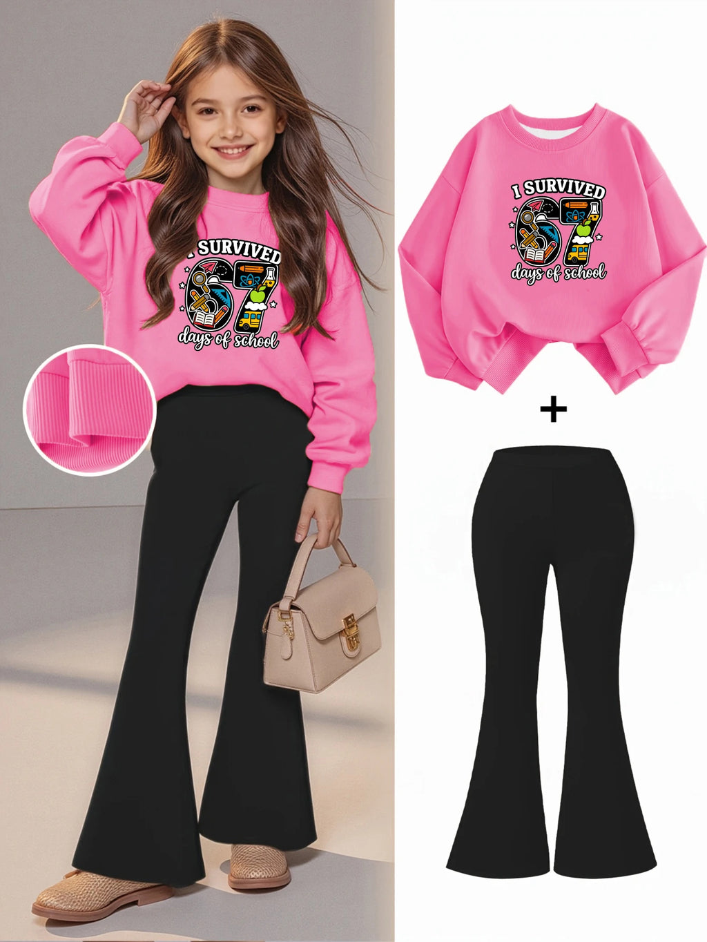 2PCS Girls Long Sleeved Sweatshirt Bell Bottom Pants Set, Great Anytime Wear