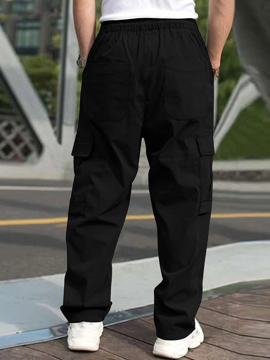 Men s Loose Cargo Long Pants Solid Color Drawstring Waist Straight Leg with Pockets