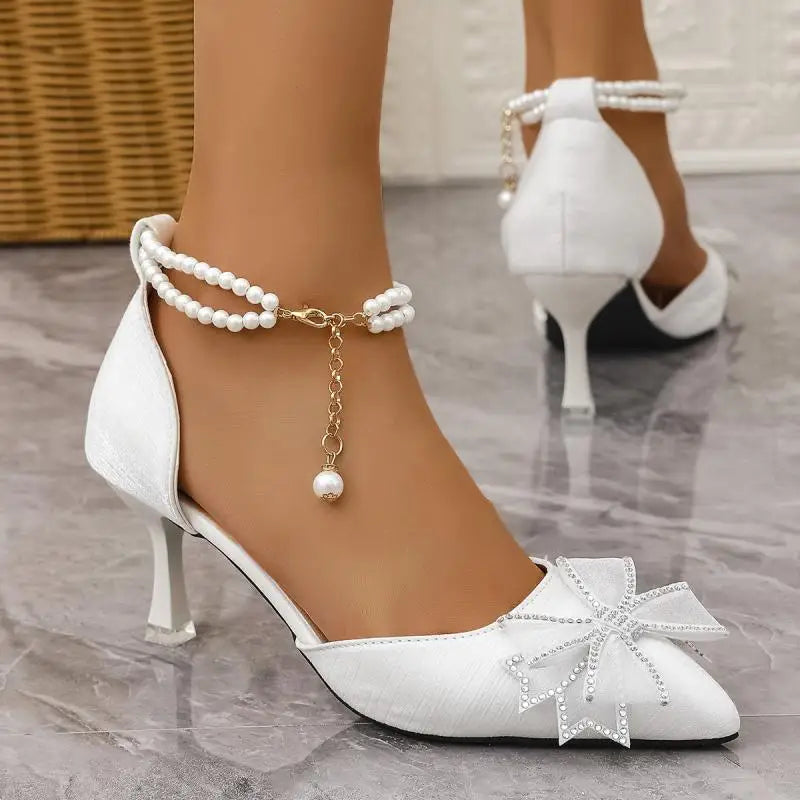 Elegant Pearl Chain Ankle Strap Pumps, Pointed Toe High Heel