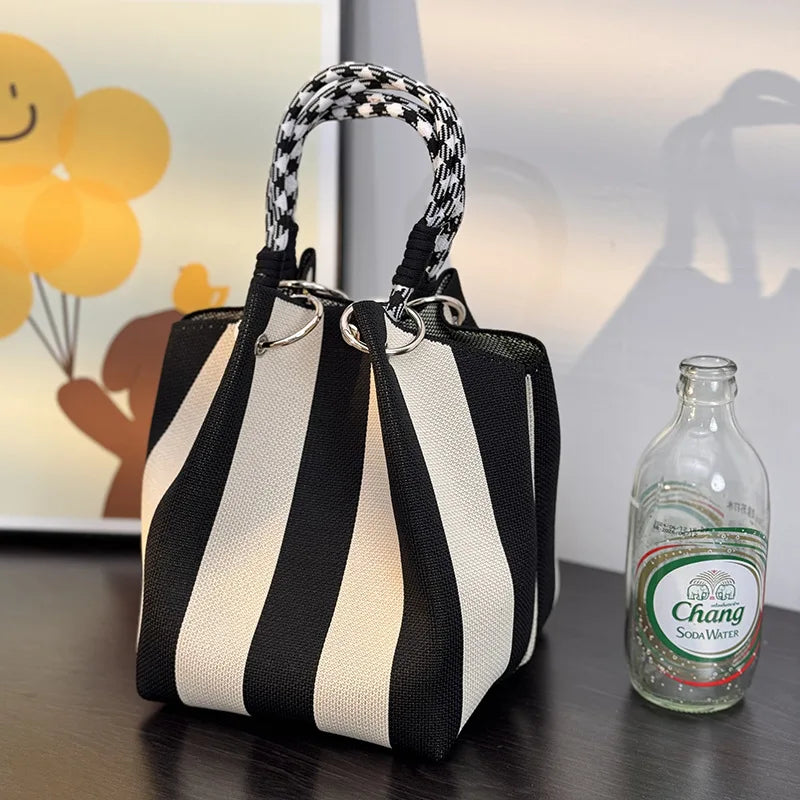 Colorful Stripe Handbag, Large Capacity, Bucket Rope Knot, Soft Polyester Lining, Mobile Phone Bag