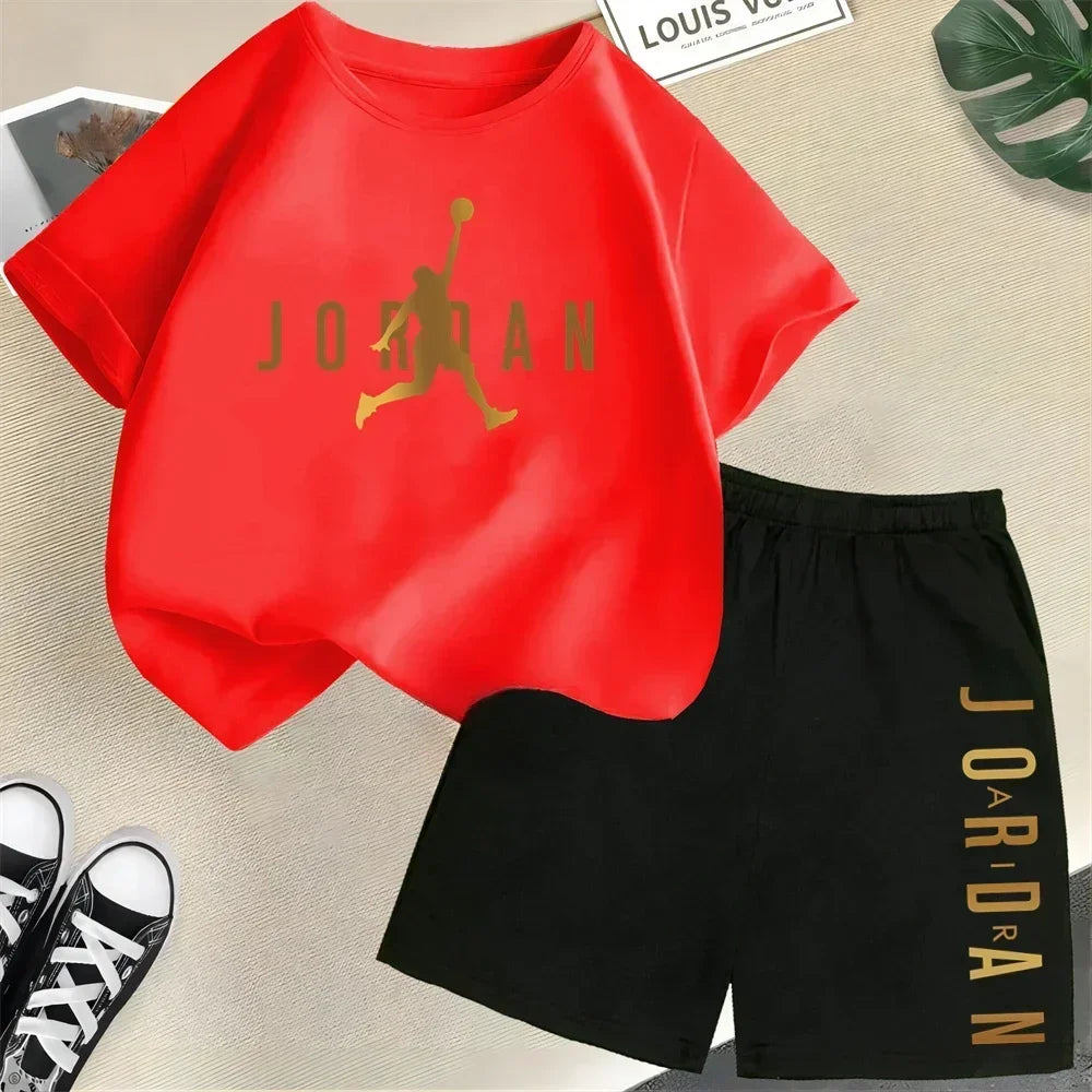 Children's 2Pc Fashion Summer Short Sleeve Set, Slam Dunk Master Pattern Print