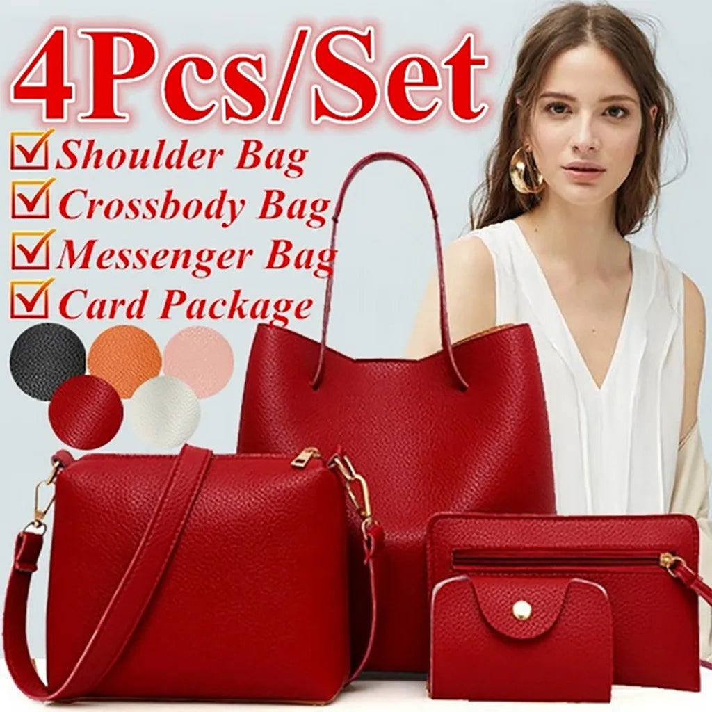 Women's Fashion Leather 4pcs Handbag Set, Shoulder Handbag, Crossbody Wallet, Multicolor to Choose from