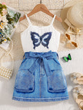 2025 Girls' Fashion 2pc Butterfly Halter Vest Top + Imitation Denim Stretch Skirt