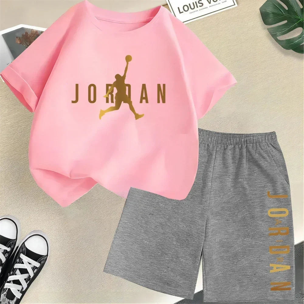 Children's 2Pc Fashion Summer Short Sleeve Set, Slam Dunk Master Pattern Print