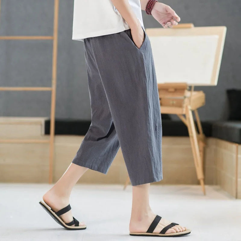 2025 new summer men's casual imitation linen seven quarter pants, thin solid color cut pants, fashionable hip-hop street sports