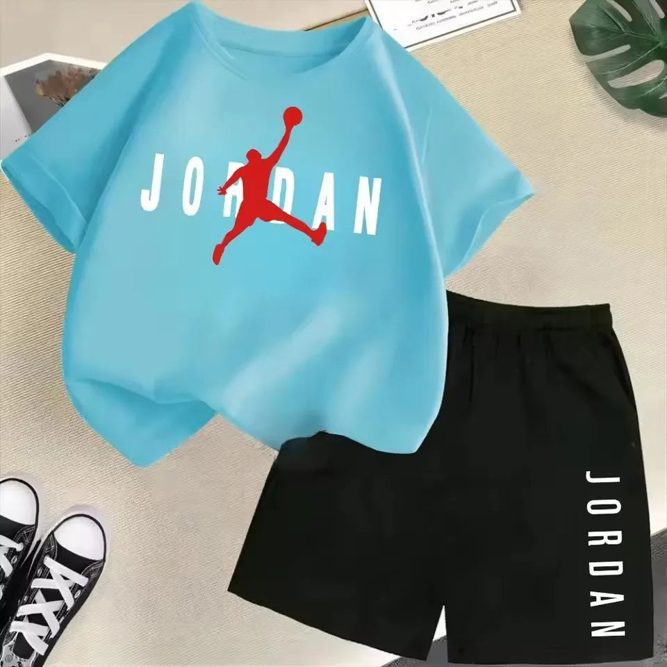 Children's 2Pc Fashion Summer Short Sleeve Set, Slam Dunk Master Pattern Print