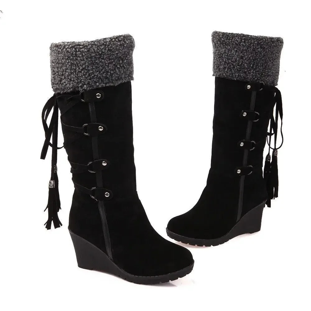 Large Size Women's Furry High-Top Booties with Buckle Snow Boots
