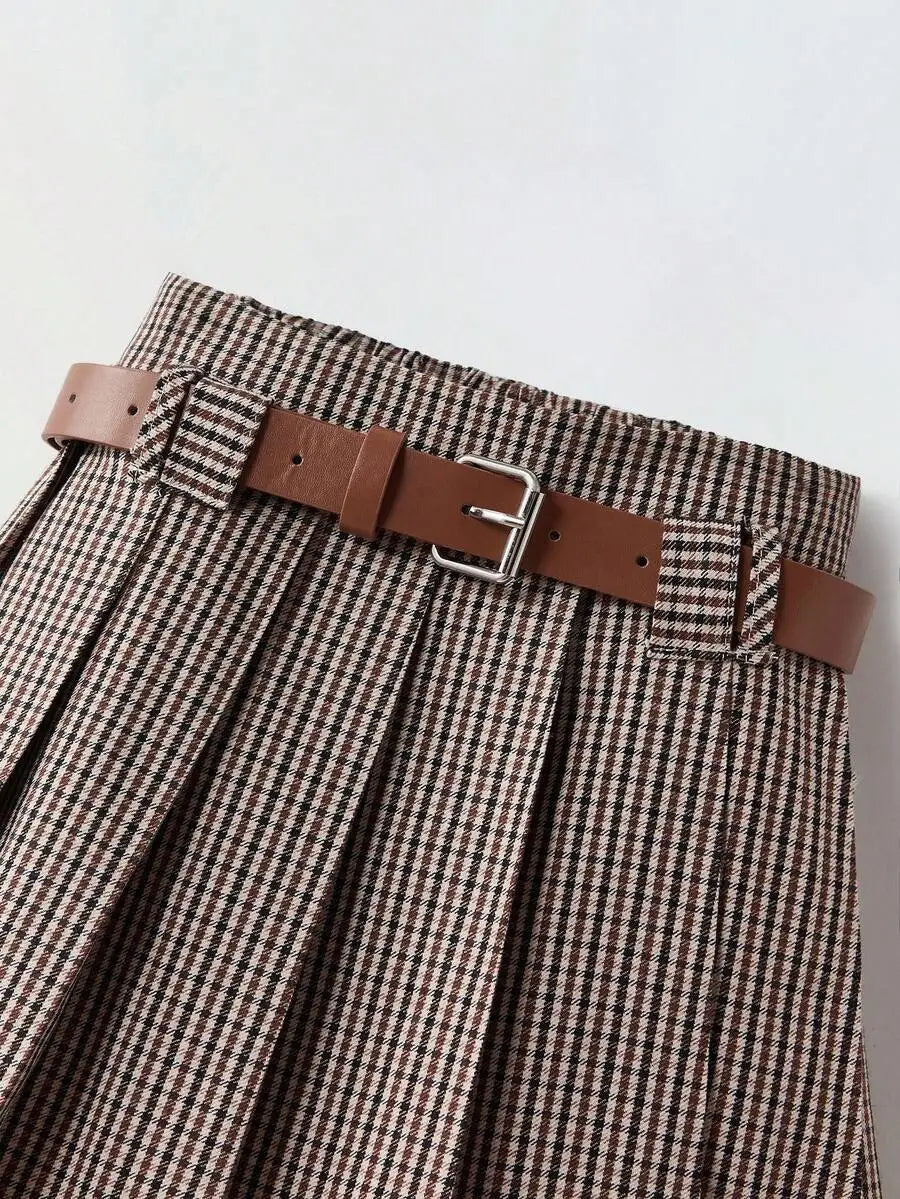 Girls Plaid Pleated Mini Skirt with Belt - Classic Checkered Design