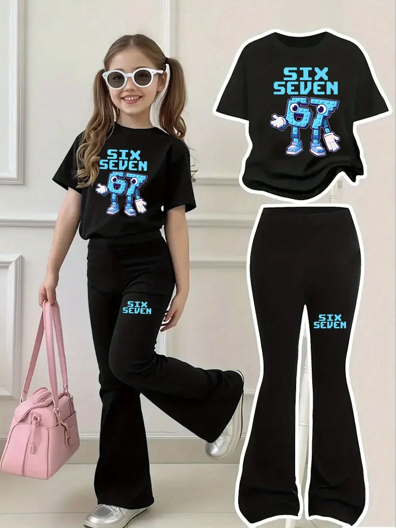 New 2026 Girls Short-Sleeve Top + Long Pants Set, "67" Blue Building Block Texture,