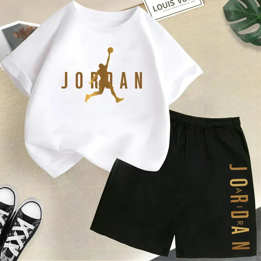 Children's 2Pc Fashion Summer Short Sleeve Set, Slam Dunk Master Pattern Print