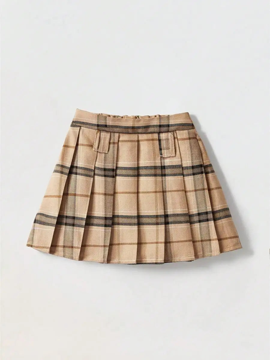 Girls Plaid Pleated Mini Skirt with Belt - Classic Checkered Design