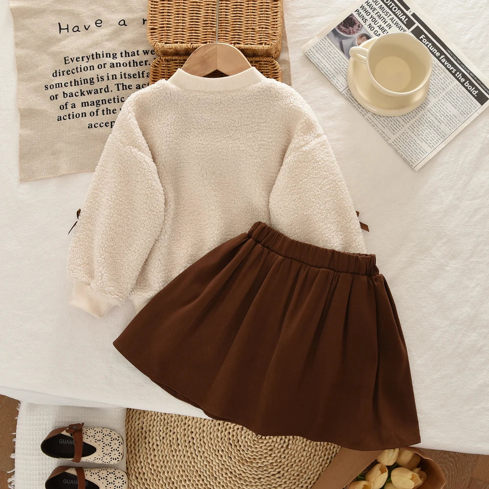 New Khaki Fashion Girls Round Neck Long Sleeve Bow Top with Pleated Skirt 2Pc Set, 3-7yr