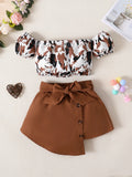 Toddler Girls 2PCS Set, Off Shoulder Leopard Print Top and Short Skirt with Bow, Also in Black, Ages 1-4 Years