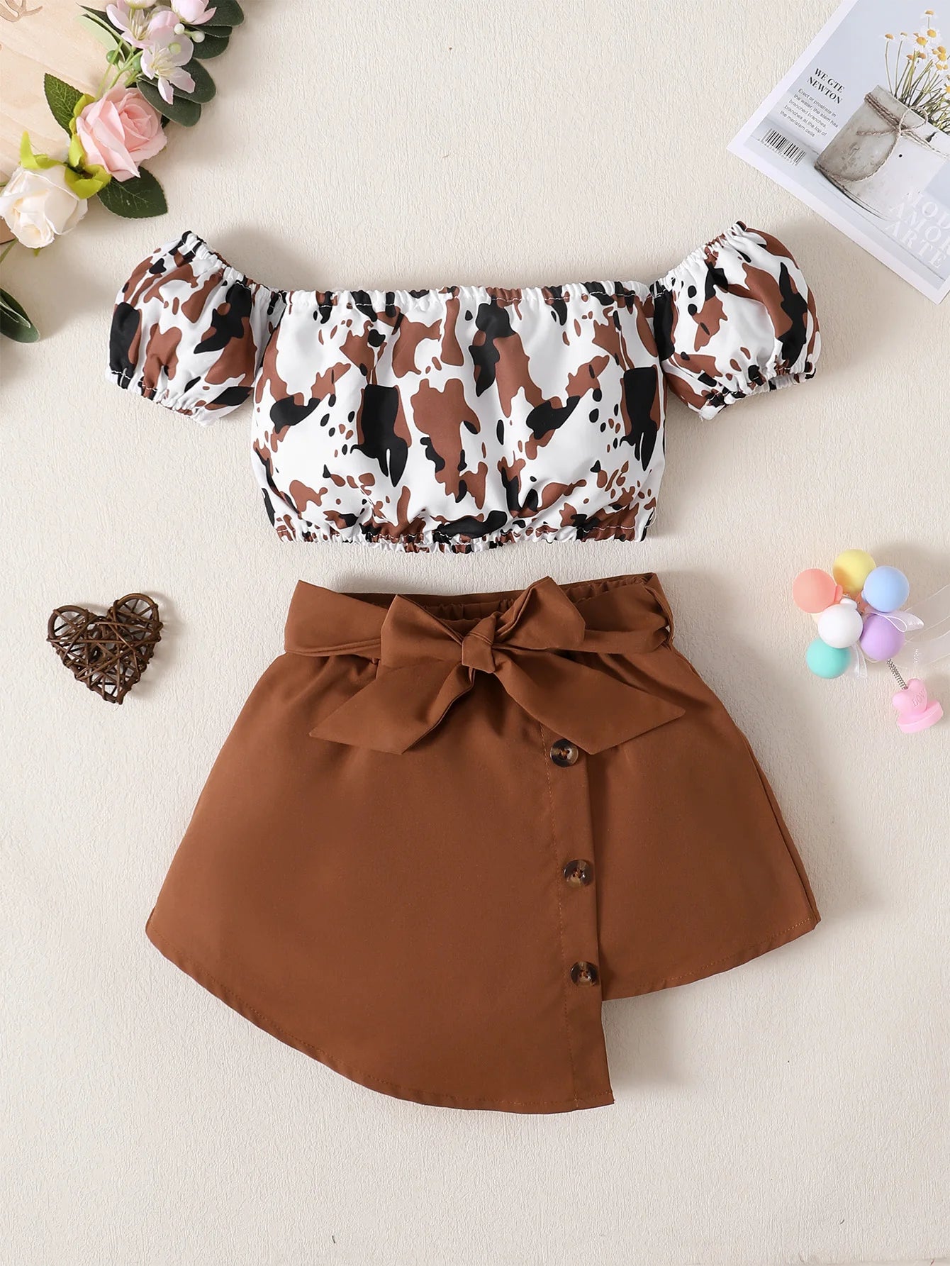 Toddler Girls 2PCS Set, Off Shoulder Leopard Print Top and Short Skirt with Bow, Also in Black, Ages 1-4 Years