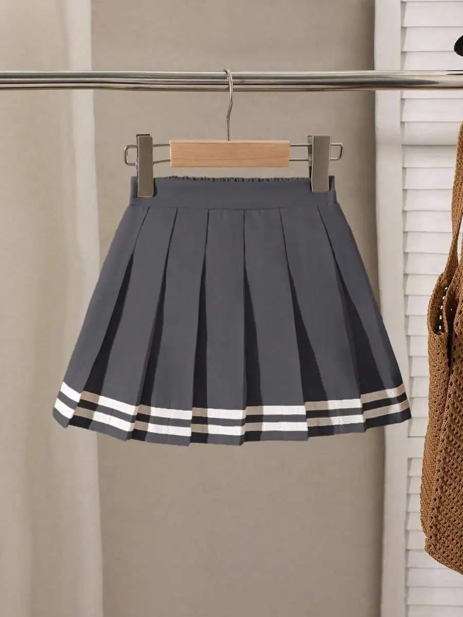 Navy Blue Pleated Skirt for Girls with White Stripe Trim and Elastic Waist